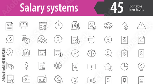 Salary System Line Icons, Payslip, Payroll, Salary Transfer, Tax Deduction, Employee Compensation, Editable Formats: AI, EPS, PNG, Ideal for Both UI and Print Media Use
