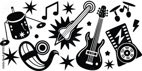 Colorful Dog Illustration with Music and Rock and Roll Elements on Transparent Background