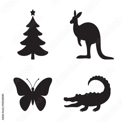 Vector silhouette collection: Christmas tree, Kangaroo, Butterfly, and Crocodile icons.