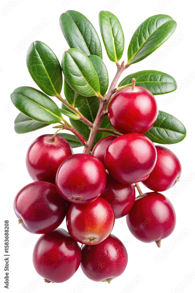 Obraz premium Fresh and Vibrant Cranberries on a Branch with Green Leaves Isolated