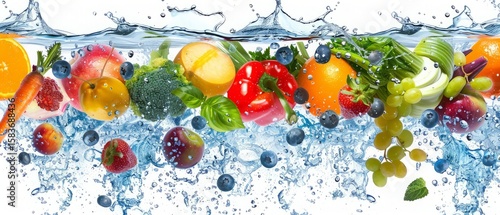 Fototapeta Naklejka Na Ścianę i Meble -  Fresh multi fruits and vegetables splashing into blue clear water splash healthy food diet freshness concept isolated on white background