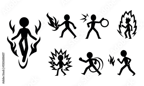 Stick figures show various superpowers like fire, lightning, and energy abilities