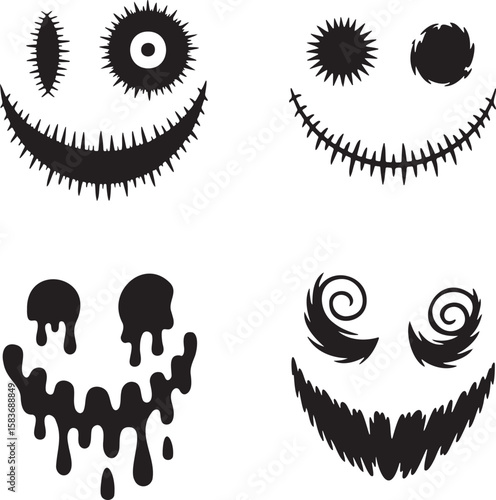Set of terrifying smile face silhouette vector illustration isolated On Transparent Background