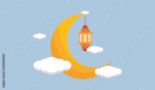 Vector illustration of crescent moon with lanterns and clouds 