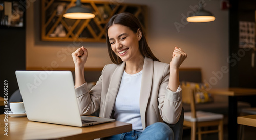 Euphoric Young Woman Celebrates Success on Laptop in Cafe