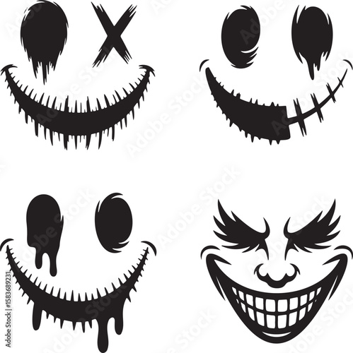 Set of terrifying smile face silhouette vector illustration isolated On Transparent Background