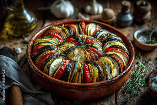 Rustic Provençal vegetable tian with colorful layered garden produce
