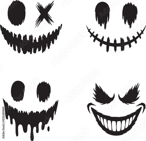 Set of terrifying smile face silhouette vector illustration isolated On Transparent Background