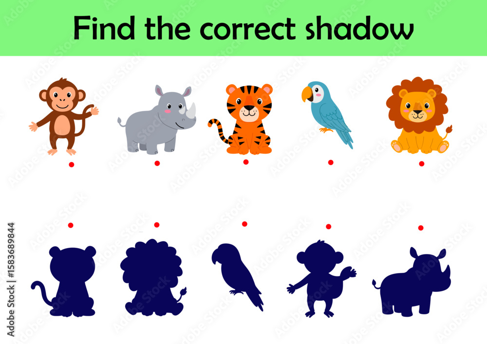Fototapeta premium Colorful animals, Find the correct shadow. Educational matching game for children. Cartoon vector illustration 