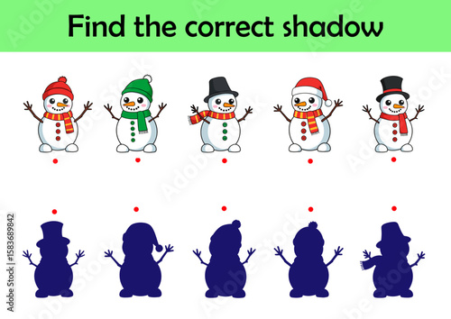 Snowmen, Find the correct shadow. Educational matching game for children. Cartoon vector illustration	
