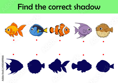 Colorful cartoon fish. Find the correct shadow. Educational matching game for children. Cartoon vector illustration	