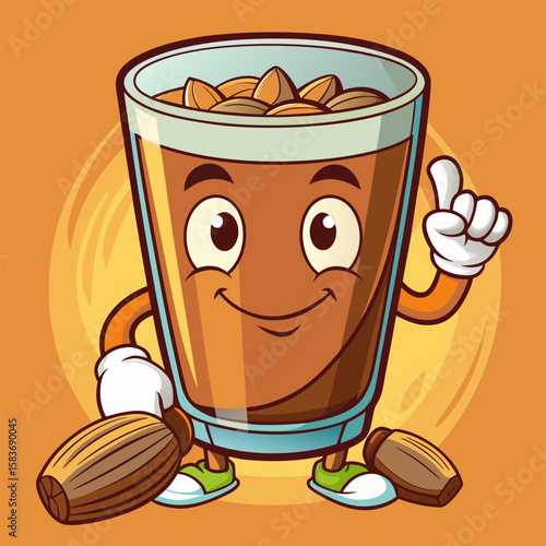 Almond drink cartoon character in a glass with a happy expression. pointing with one hand while holding a nut in the other. against a warm orange background.