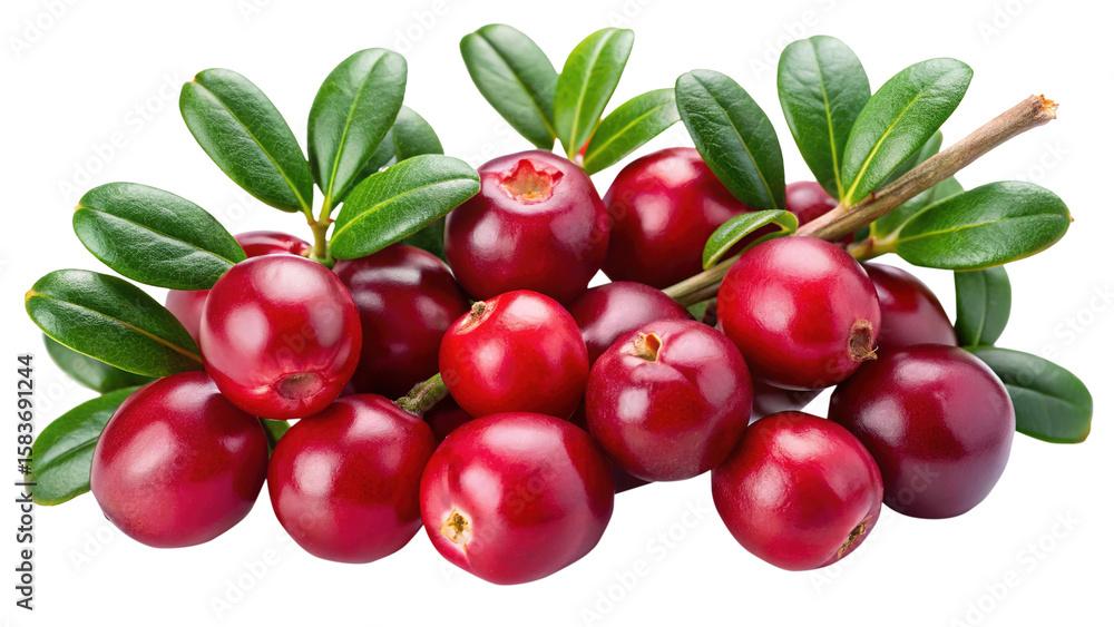 Obraz premium A cluster of vibrant cranberries with green leaves and a short stem