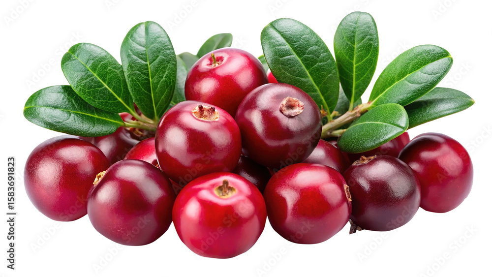 Obraz premium A delightful pile of fresh cranberries with their green leaves isolated