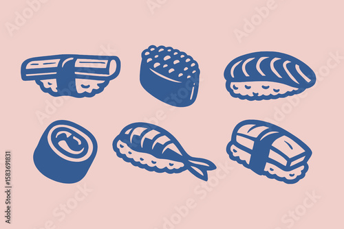 Sushi set doodle style vector illustration

