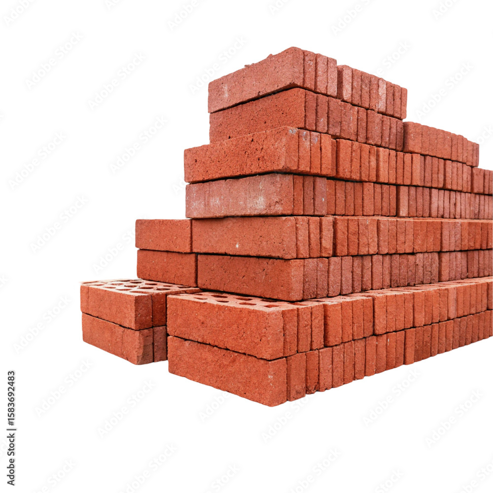 Fototapeta premium Red bricks piled at construction site isolated on transparent background