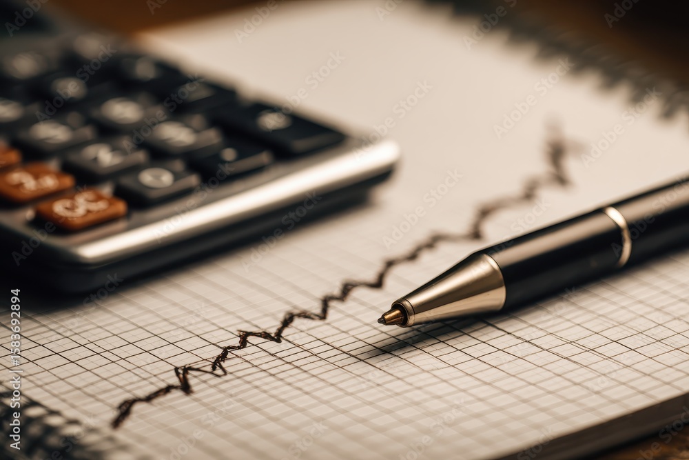 Close-up of a calculator, notebook with a graph, and a pen on a wooden surface Close-up of a calculator, notebook with a graph, and a pen on a wooden surface