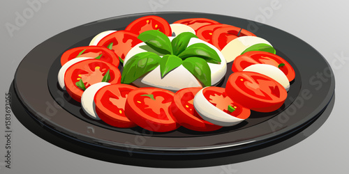 Fresh Italian Caprese salad with ripe red tomatoes, mozzarella, and green basil on a healthy appetizer plate