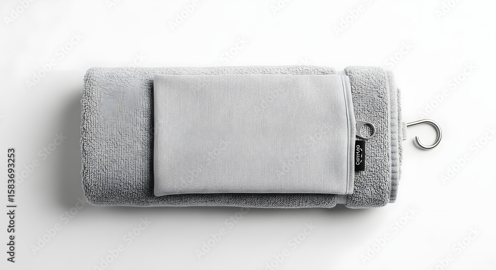 Obraz premium Grey golf towel with a hook for hanging, isolated on white background
