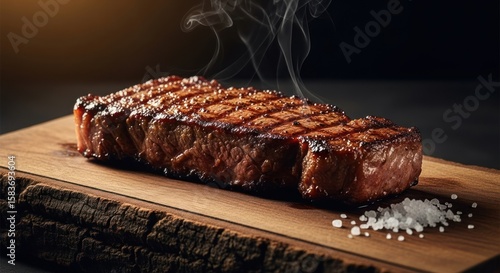 A perfectly seared strip steak rests on a rustic wooden board, steaming gently, with coarse salt nearby.