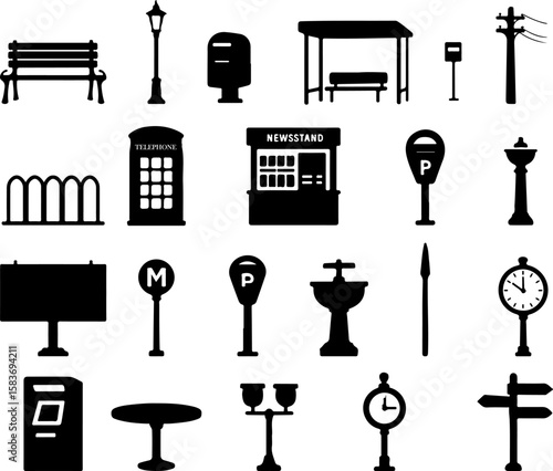 Collection of black silhouette icons representing various urban street furniture and public amenities including a bench lamp post mailbox bus stop telephone booth newsstand parking meter and more