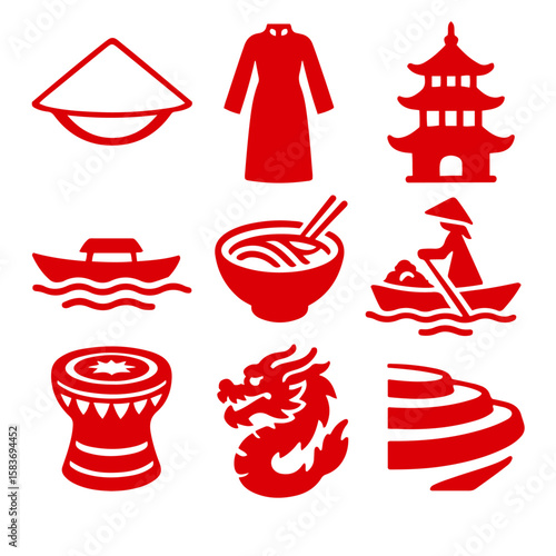 vector isolated red color vietnam traditional cultural symbols
