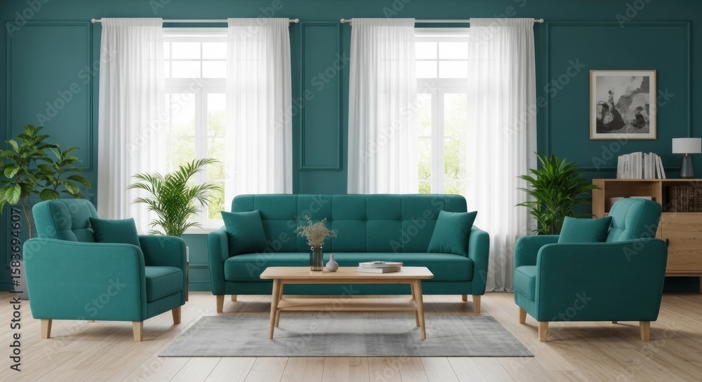 Fototapeta premium Bright living room interior with teal sofa and armchairs arranged around a wooden coffee table, bathed in natural light from two windows.