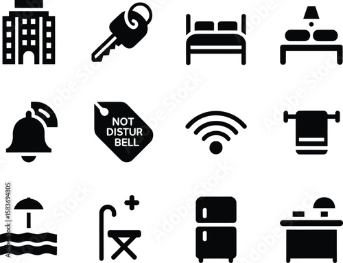 Collection of hotel service icons including building key bed wifi bell and more