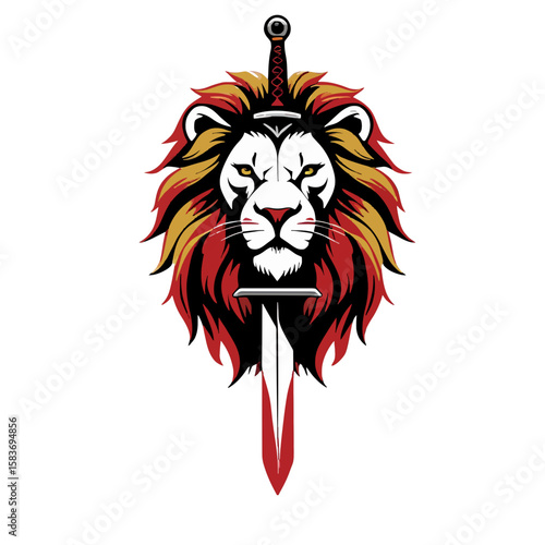 A stylized lion's head logo, with a sword piercing through its mane.