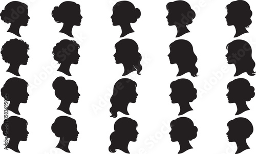 Elegant silhouettes of women with various hairstyles in black and white for design