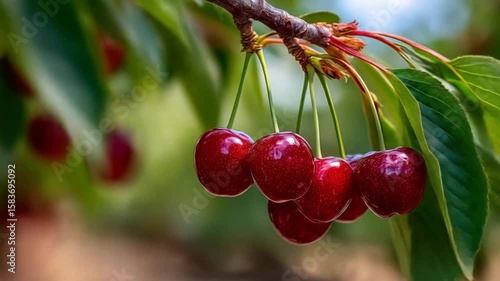 A cluster of ripe, red cherries hangs from a branch, surrounded by green leaves.