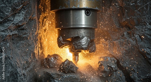 Industrial Cnc Milling Machine Cutting Black Rocks with Sparks in Dark Cave
