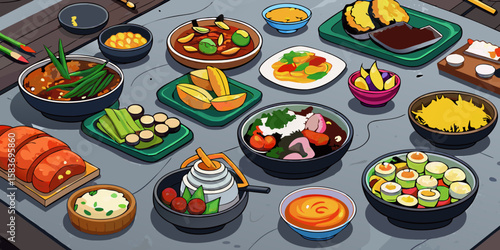 Seamless pattern with delicious food: cupcakes, Easter eggs, cake, and fresh sushi with salmon and rice