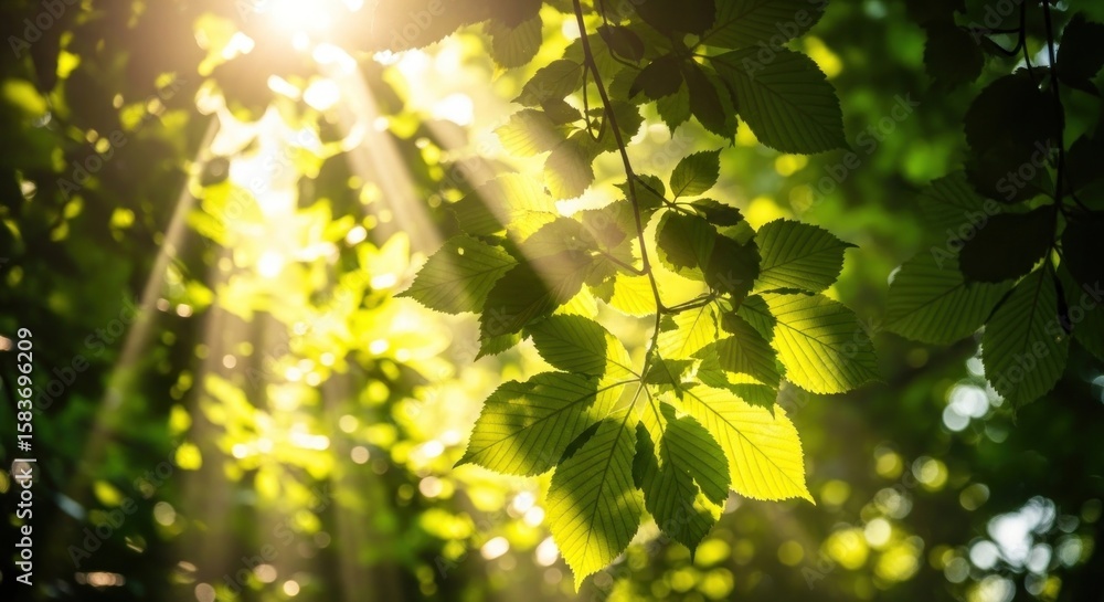 Obraz premium Sunlight streams through green leaves in a forest canopy, creating a bright and vibrant natural scene.