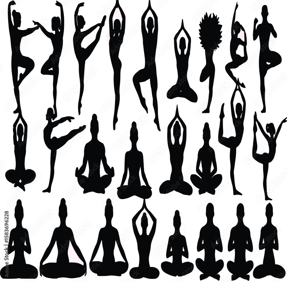 Silhouettes of People in Various Yoga and Meditation Poses – Diverse Yoga Positions and Mindfulness Postures Vector Illustration Silhouettes of People in Various Yoga and Meditation Poses – Diverse Yoga Positions and Mindfulness Postures Vector Illustration