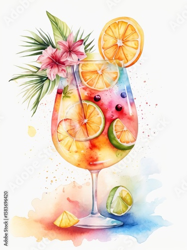 Beach Party Drink party menus, Summer Vibes Colorful Illustration with Tropical Fruits and Umbrella lemon slice