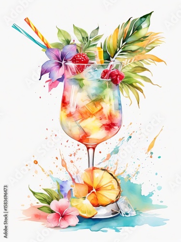 Beach Party Drink party menus, Summer Vibes Colorful Illustration with Tropical Fruits and Umbrella lemon slice