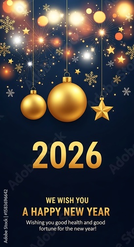 Happy new year 2026 festive background with gold decorations