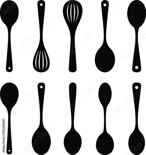 Collection of black silhouettes of various kitchen spoons and whisks