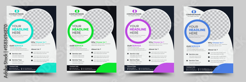 Simple Creative Promotional Corporate Business Flyer design template or brochure design, 
navy blue blue, green  color, natural Shape, Circle shape, layout.