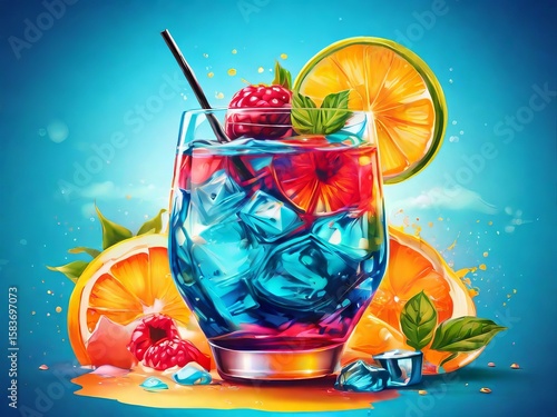 Beach Party Drink party menus, Summer Vibes Colorful Illustration with Tropical Fruits and Umbrella lemon slice