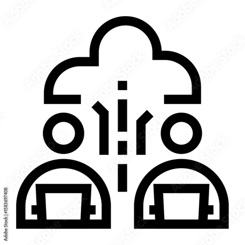 Icono de trabajo en equipo digital. Colaboración y coordinación virtual. Personas conectadas por una nube. Ilustración vectorial. 