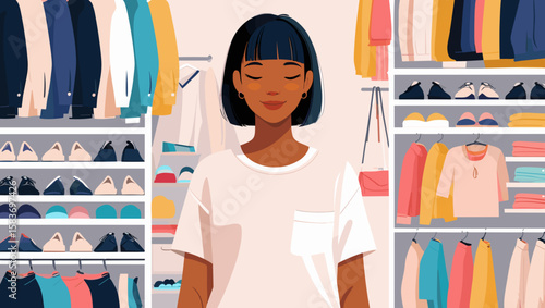 Young woman standing in front of organized clothing racks in trendy boutique