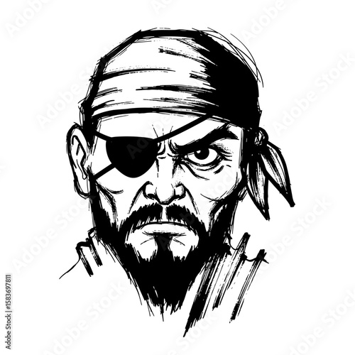 Cartoon pirate character with eye patch and bandana in black and white  