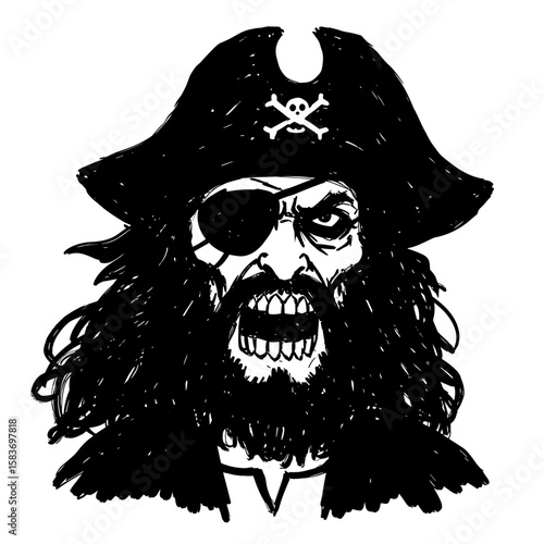Pirate character with long hair and eye patch showing fierce expression  