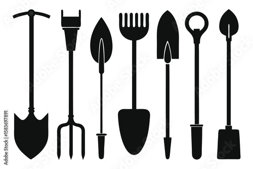 Farming Tools Silhouette Bundle – 12 Black Vector Designs of Agricultural Equipment on White Background.