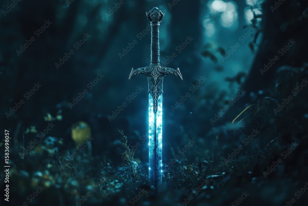 Naklejka premium Mystical sword with glowing blade resting in a dark forest during twilight hours