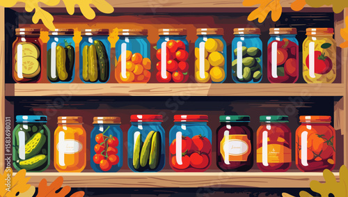 Colorful illustrated jars of preserved fruits and vegetables on wooden shelf with autumn leaves