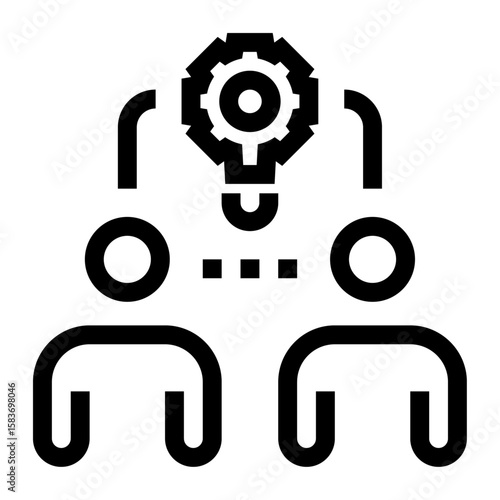 Icono de innovación compartida. Creación colectiva, integración de ideas y soluciones. Personas debajo de un engranaje y una bombilla fusionados. Ilustración vectorial