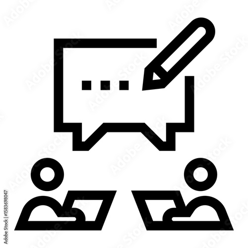 Icono de feedback constructivo. Retroalimentación y mejora continua. Personas y un globo de texto con lápiz. Ilustración vectorial